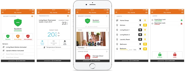 Multiple screen shots of Qolsys alarm.com app shows various features of FHA Security Qolsys alarm.